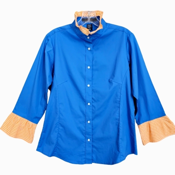 Nwot Pearly Vines Blue Button Down Blouse with Orange Gingham Neck/Sleeves - Picture 7 of 10